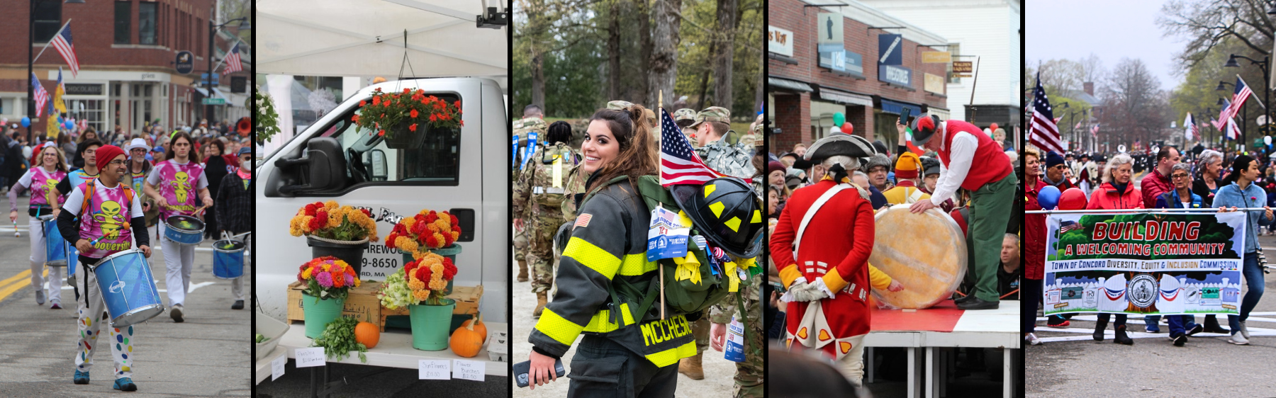 Five pictures horizontal - Drummer, Flowers, Firefighter, Red Coats, Parade