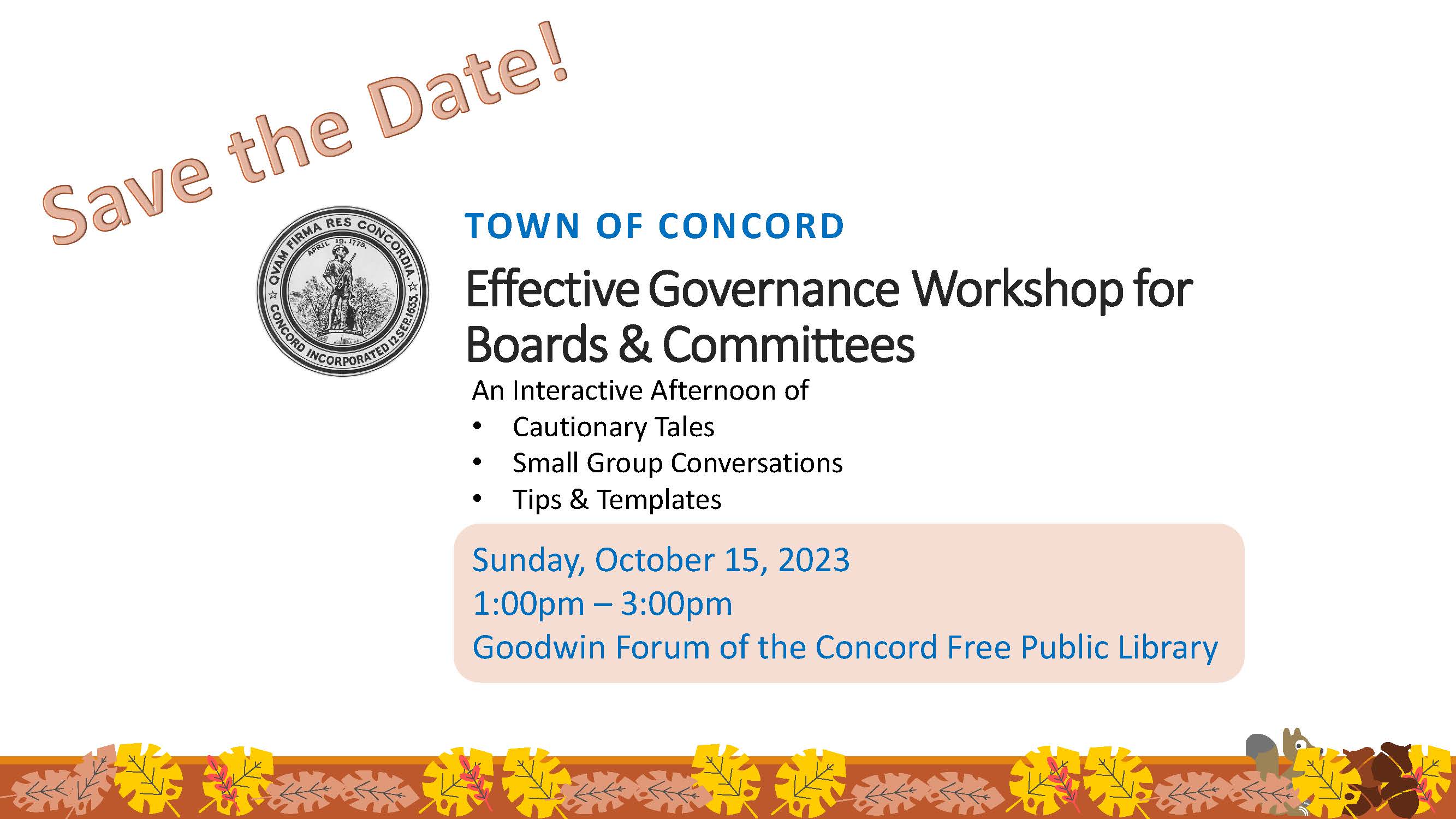 Effective Governance Workshop 2023, Oct. 15, 2023, border of autumn leaves and squirrels
