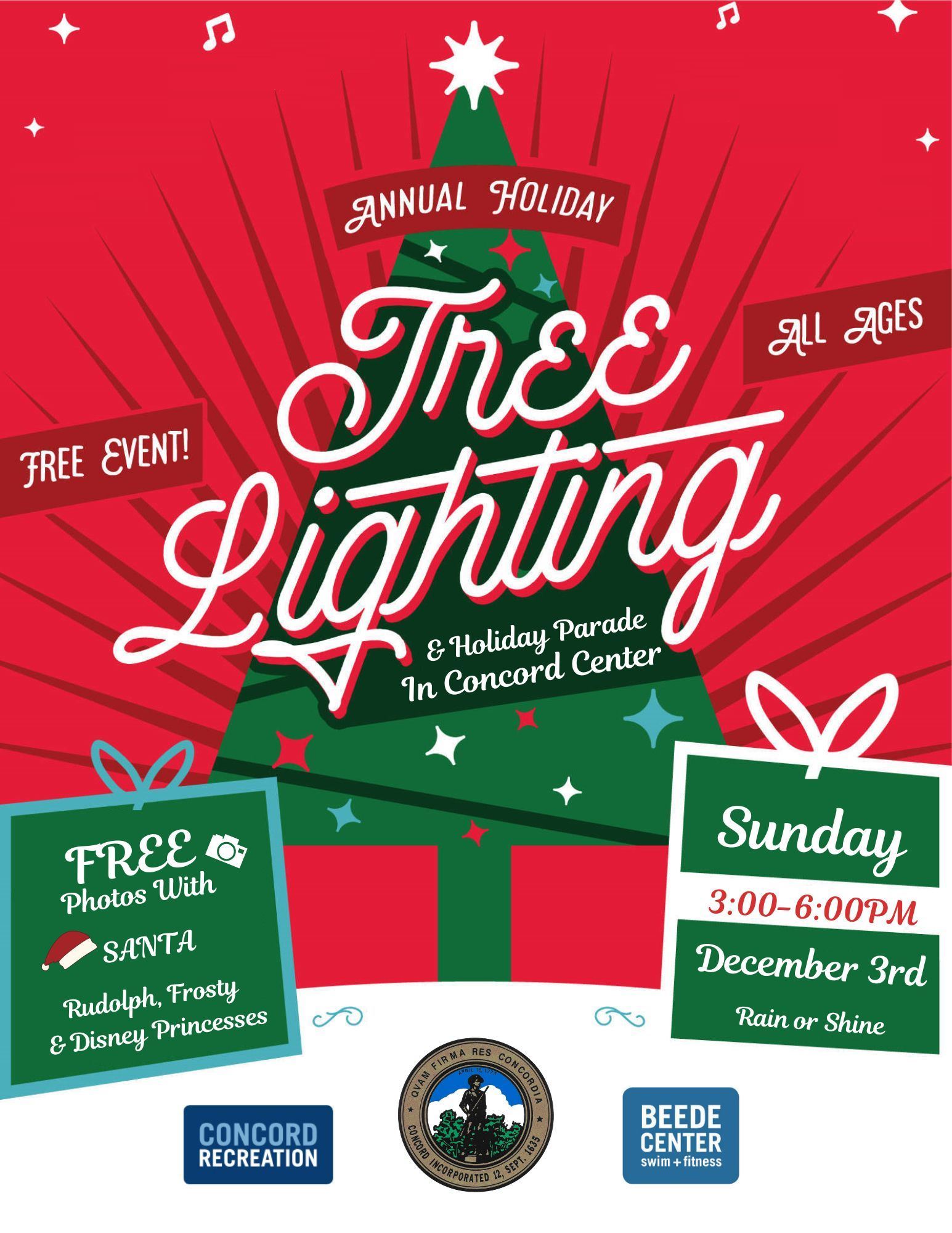 Decorated tree - Dec. 3, 2023 Annual Tree Lighting and Parade, 3 pm - 6 pm Concord Center