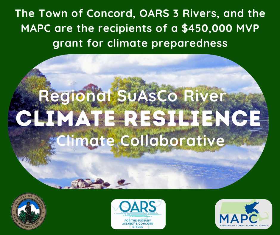 Water landscape on green background, with grant announcement for climate resilience