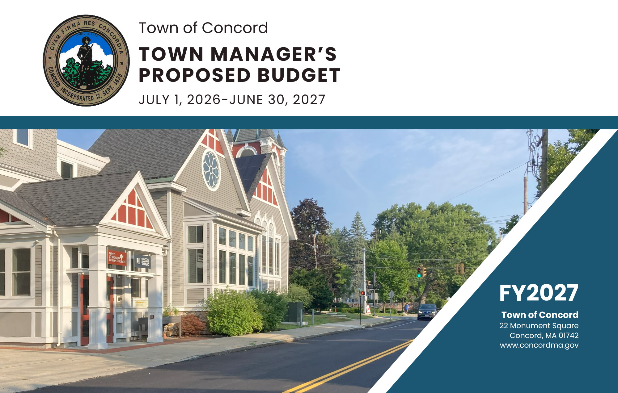 FY27 Budget Book:  street scene with green and blue graphic details
