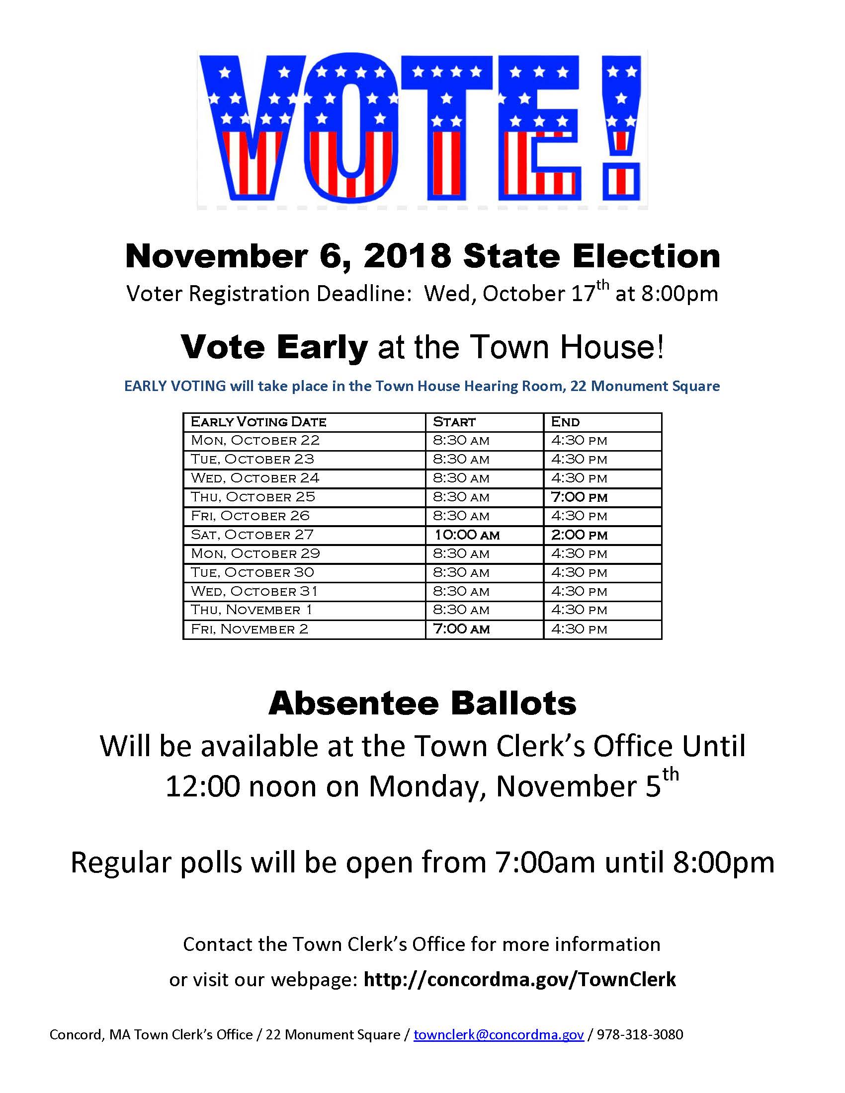 Absentee Ballot deadline 2018 State Election on november 6th is november 5th at 5:00pm