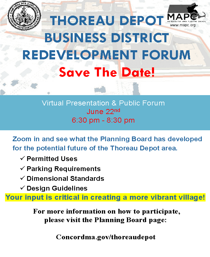 Concord Station Public Forum June 22nd 6:30-8:30, find the zoom link at the planning board page