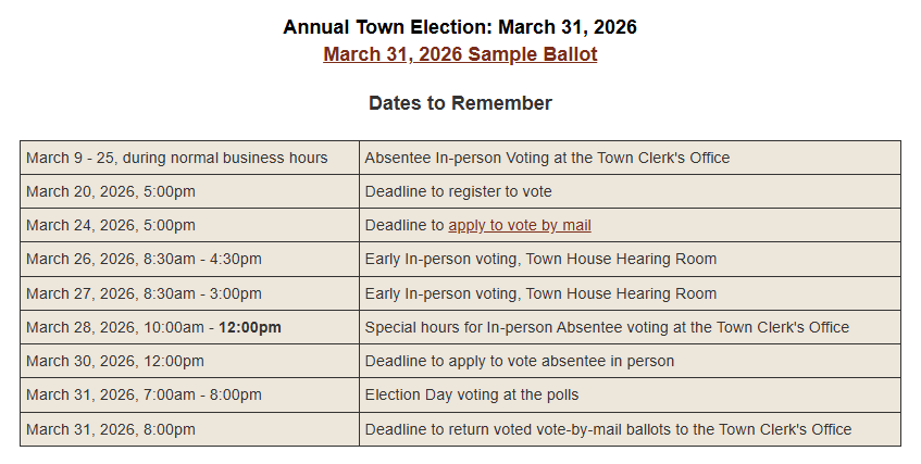2026 Annual Town Election Calendar