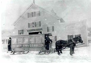 A drawing of Concord Electric in the 1890's with a horse drawn sleigh in front